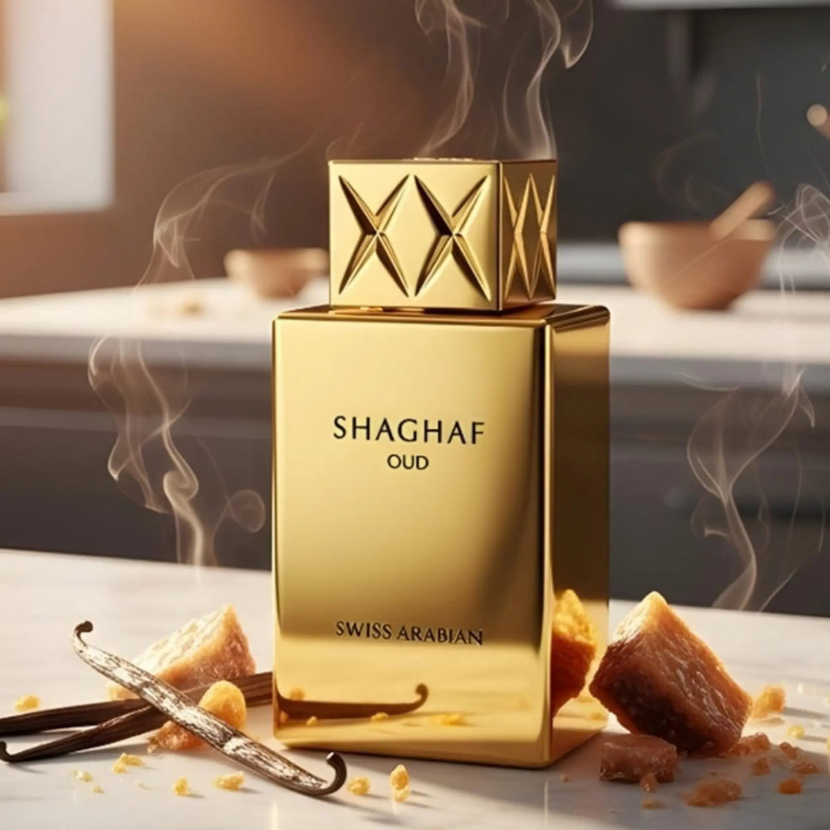 A golden rectangular perfume bottle labeled 'SHAGHAF OUD' and 'SWISS ARABIAN' stands on a countertop with vanilla beans, sugar cubes, and rising steam in a warm kitchen-like setting.