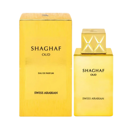 Swiss Arabian Shaghaf Oud Eau de Parfum shown with its metallic gold packaging box and matching rectangular perfume bottle on a plain white background at elmeira India