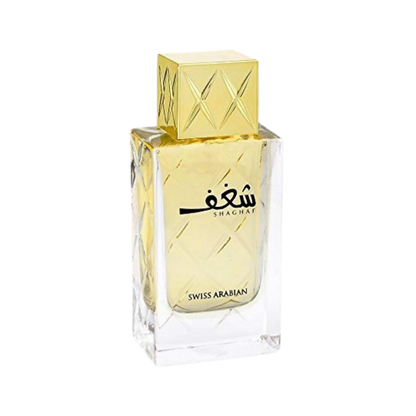 Swiss Arabian Shaghaf perfume bottle with a textured gold cap and gold-amber liquid inside a clear glass rectangular bottle, on a white background.