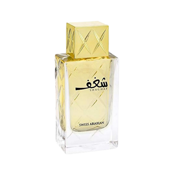Swiss Arabian Shaghaf perfume bottle with a textured gold cap and gold-amber liquid inside a clear glass rectangular bottle, on a white background.