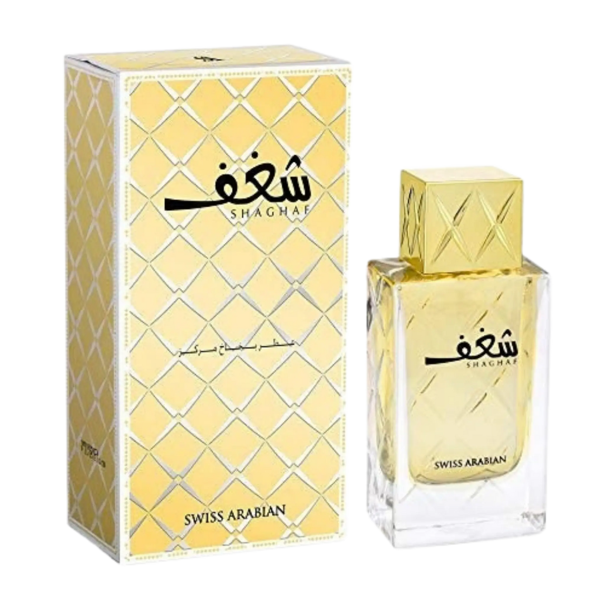 Swiss Arabian Shaghaf perfume shown with its gold-patterned retail box and a clear rectangular glass bottle with a gold cap on a white background.