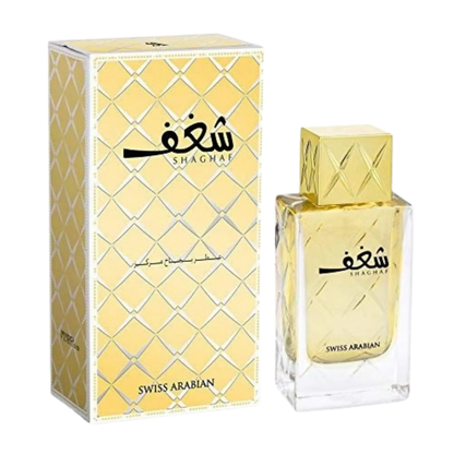 Swiss Arabian Shaghaf perfume shown with its gold-patterned retail box and a clear rectangular glass bottle with a gold cap on a white background.