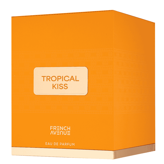 Orange box of 'Tropical Kiss' French Avenue eau de parfum on a white background