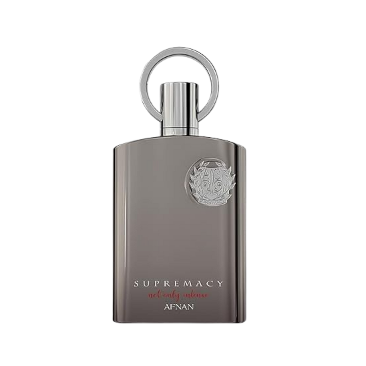 A rectangular metallic gray bottle of Afnan Supremacy Intense Eau de Toilette with a circular cap, shown on a plain white background.