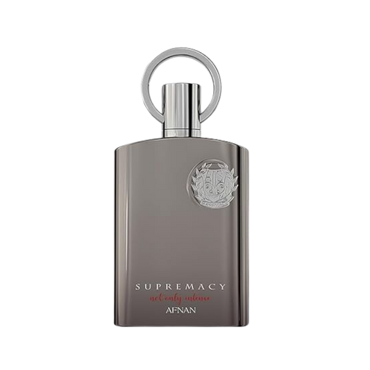 A rectangular metallic gray bottle of Afnan Supremacy Intense Eau de Toilette with a circular cap, shown on a plain white background.