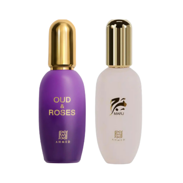 Two cosmetic bottles from the Ahmed Marj collection on a white background. On the left is a purple bottle with a gold cap labeled 'OUD & ROSES' and 'AHMED'.