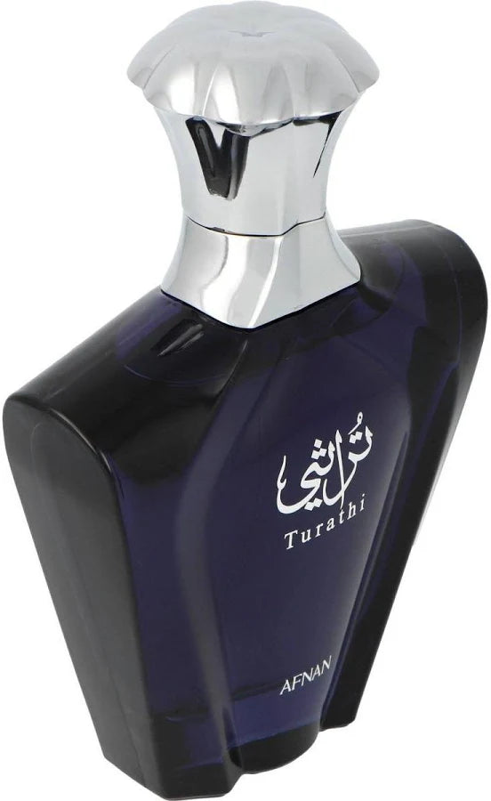 Afnan Turathi Blue 90ml deep blue faceted perfume bottle for men, side angle view