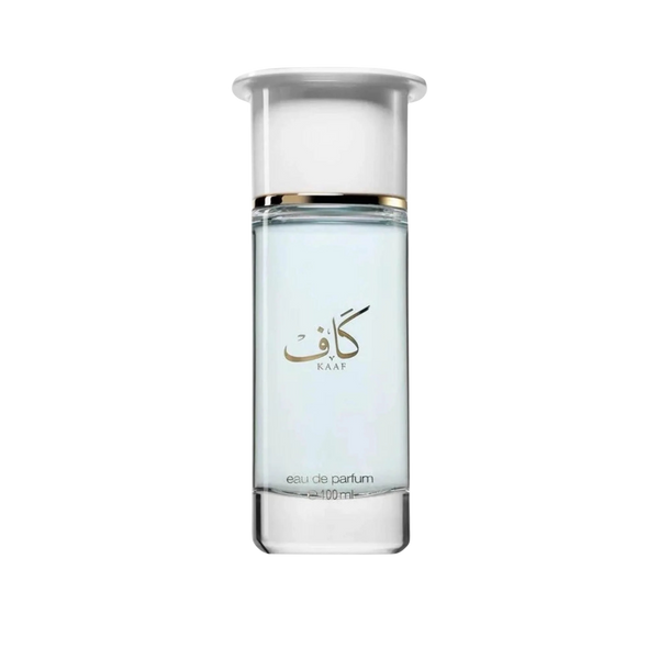 A 100ml bottle of KAAF Eau de Parfum with a clear glass body, light blue liquid, a gold band, and a white cap, shown on a solid white background.