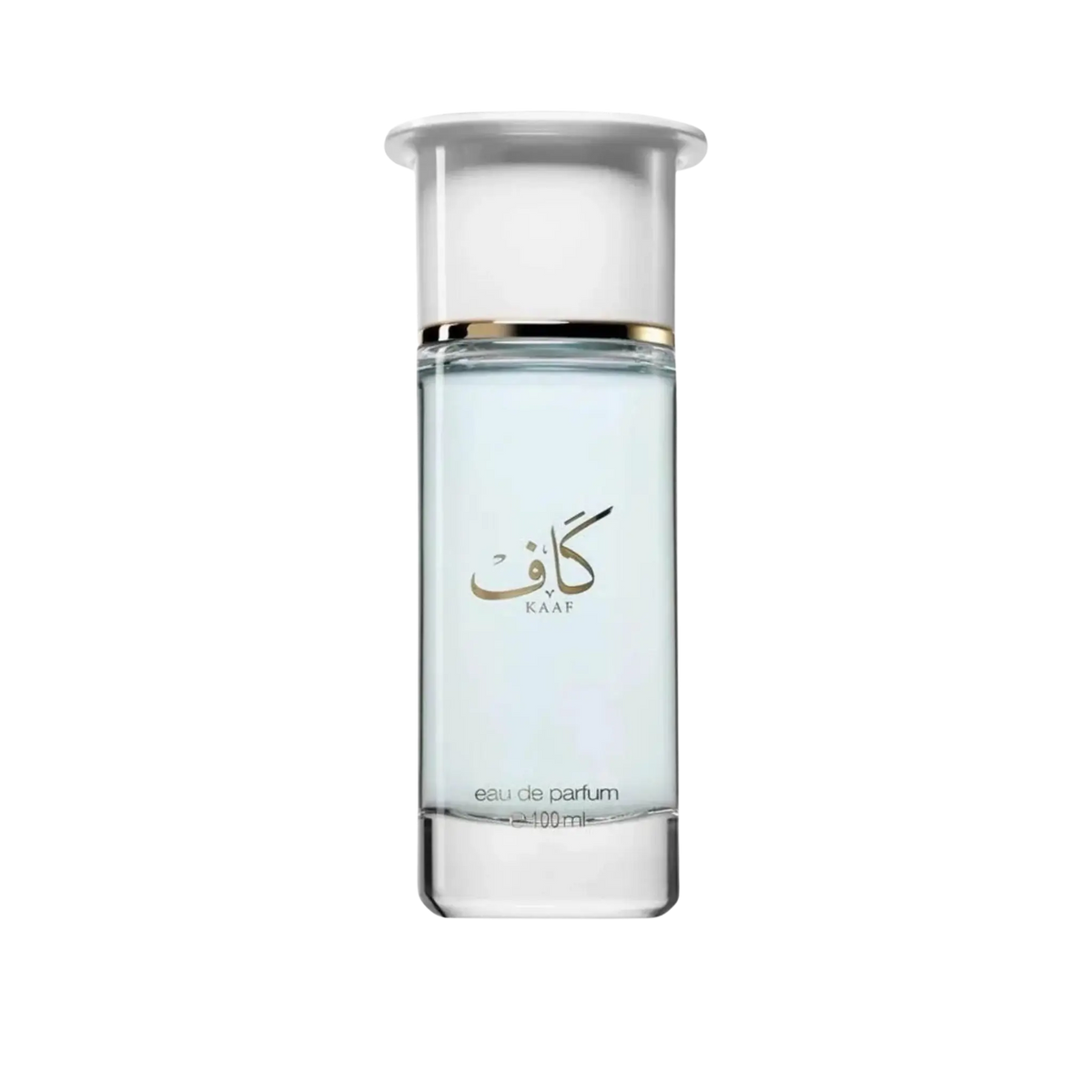 A 100ml bottle of KAAf Eau de Parfum with a clear glass body, white cap, and gold lettering on a white background.