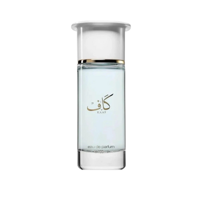A 100ml bottle of KAAf Eau de Parfum with a clear glass body, white cap, and gold lettering on a white background.