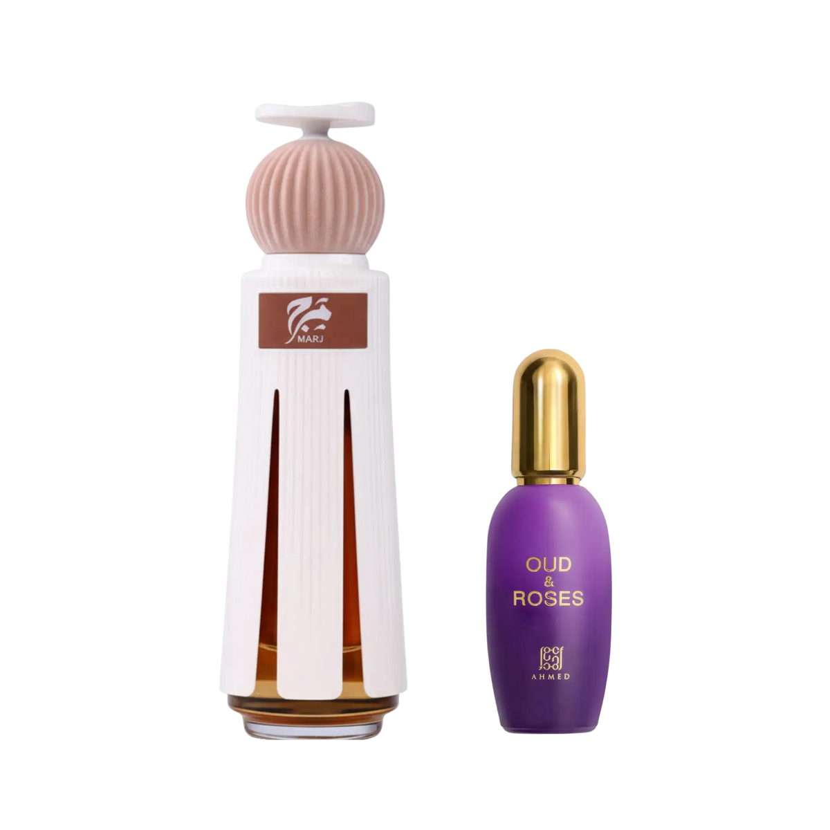 A white and pink diffuser bottle with amber liquid and a smaller purple bottle with a gold cap, both labeled Oud and Roses and marj perfume