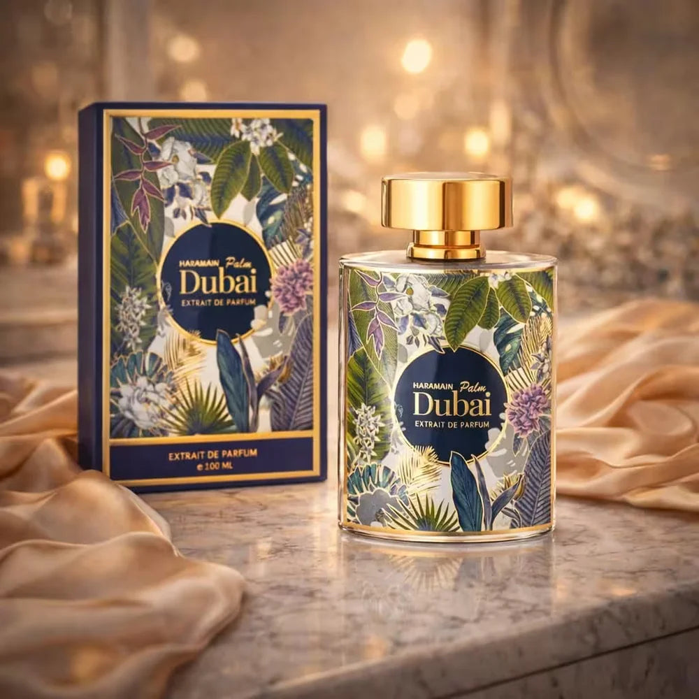 Al Haramain Palm Dubai Extrait de Parfum 100ml bottle with retail box in a luxury display