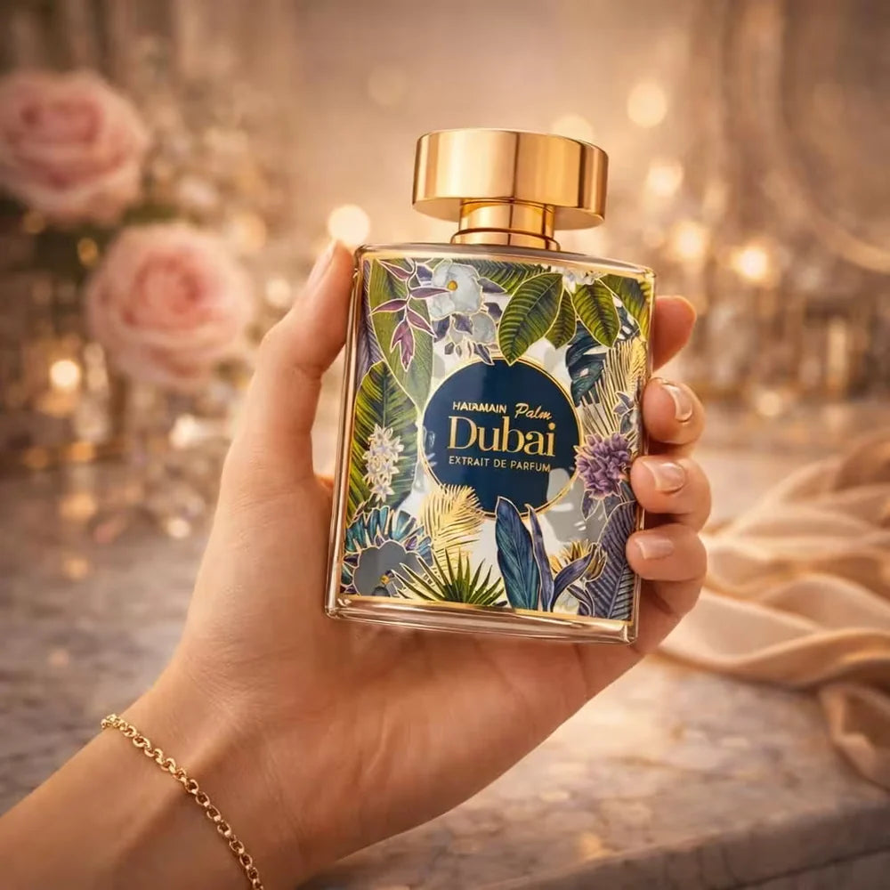 Al Haramain Palm Dubai Extrait de Parfum 100ml perfume bottle held in hand