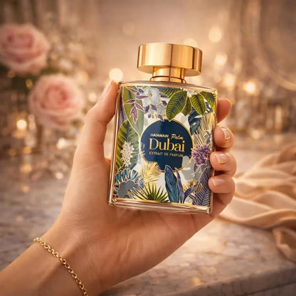 Al Haramain Palm Dubai Extrait de Parfum 100ml perfume bottle held in hand