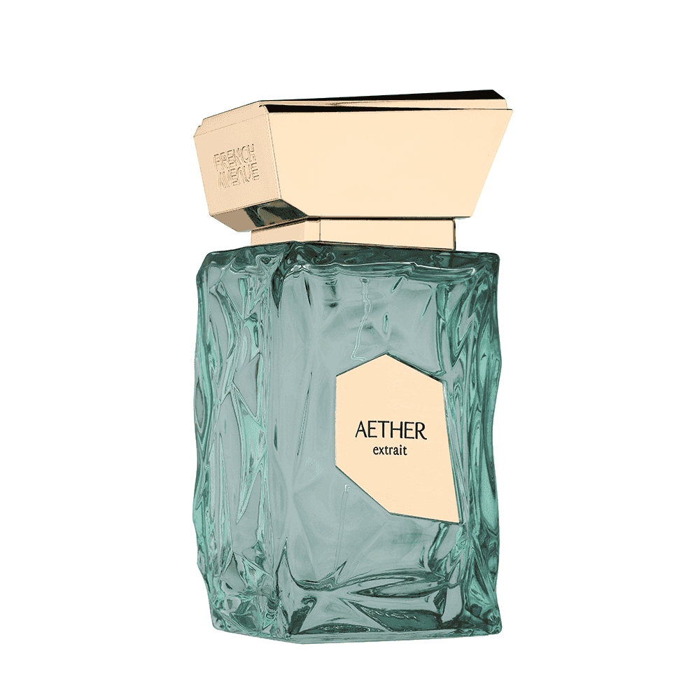 Green perfume bottle with gold cap on a white background