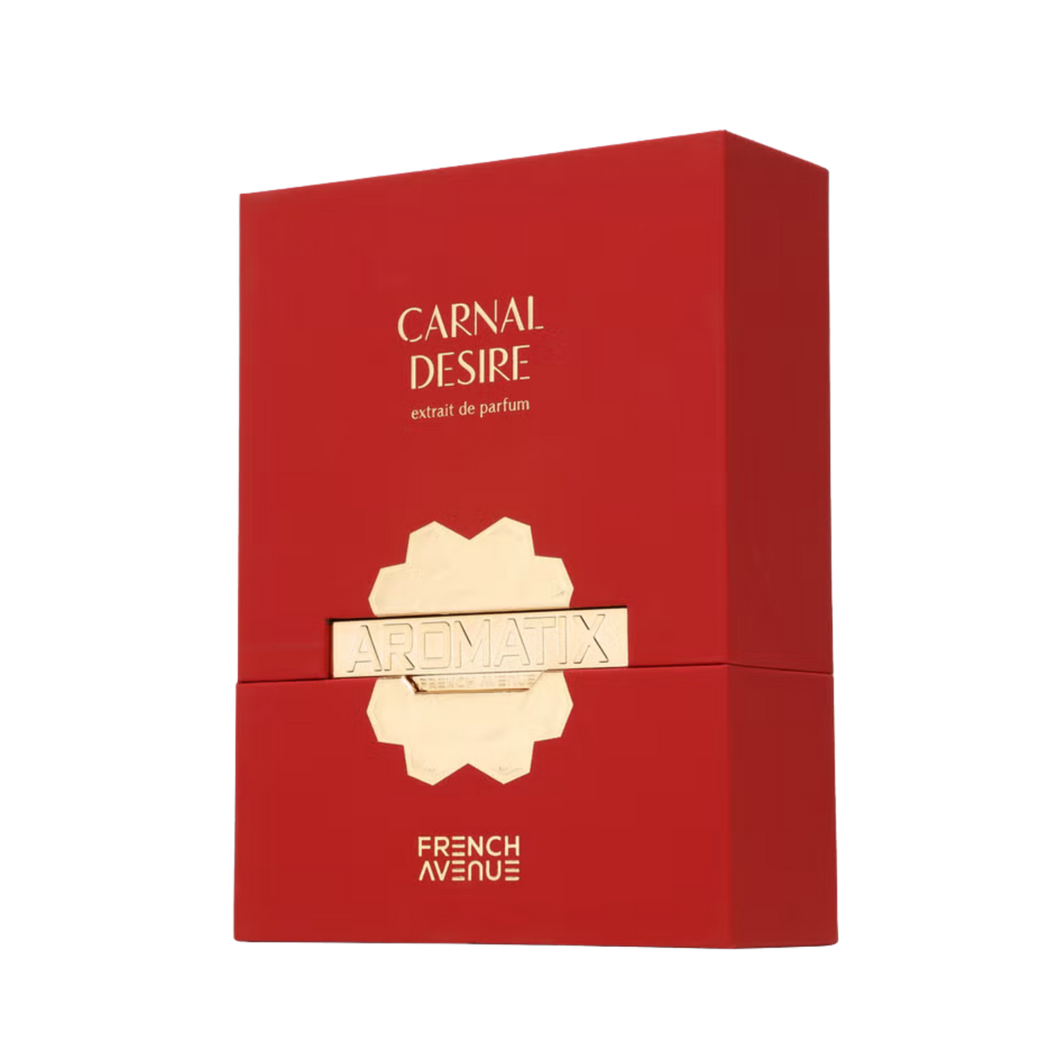 A rectangular red perfume box for Carnal Desire by Arematix, French Avenue, featuring gold lettering and a gold geometric emblem on a clean white background.