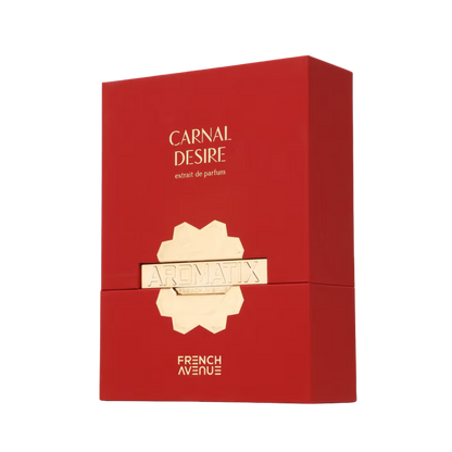 A rectangular red perfume box for Carnal Desire by Arematix, French Avenue, featuring gold lettering and a gold geometric emblem on a clean white background.