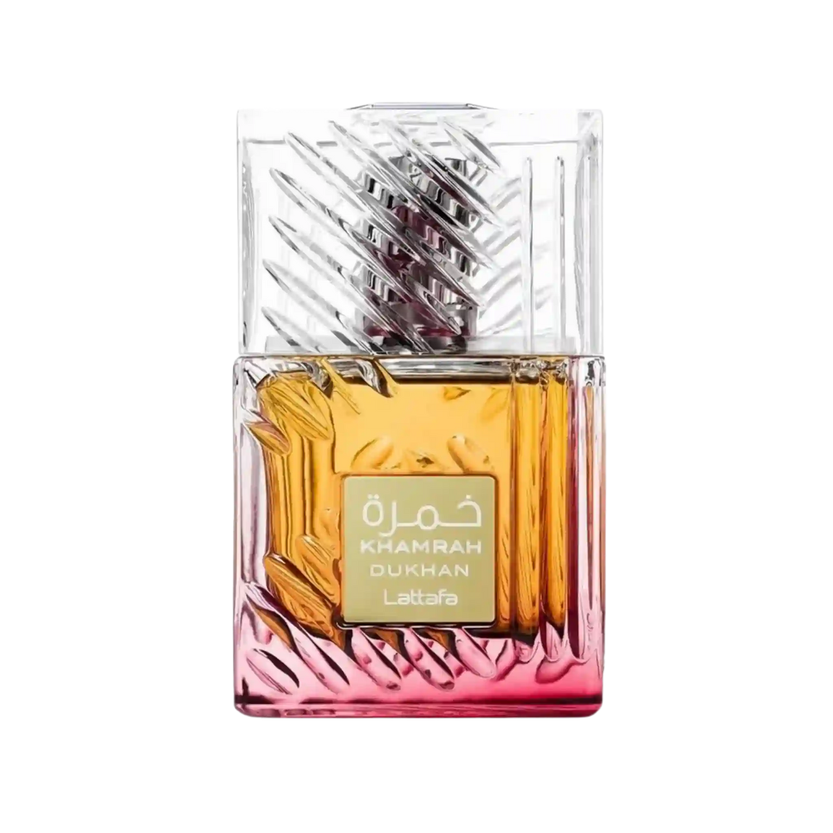A rectangular glass perfume bottle with a faceted clear cap and a gold label reading 'KHAMRAH DUKHAN' and 'Lattaafa'. The bottle contains amber-gold liquid and transitions to a pink tint at the bottom, shown on a plain white background.