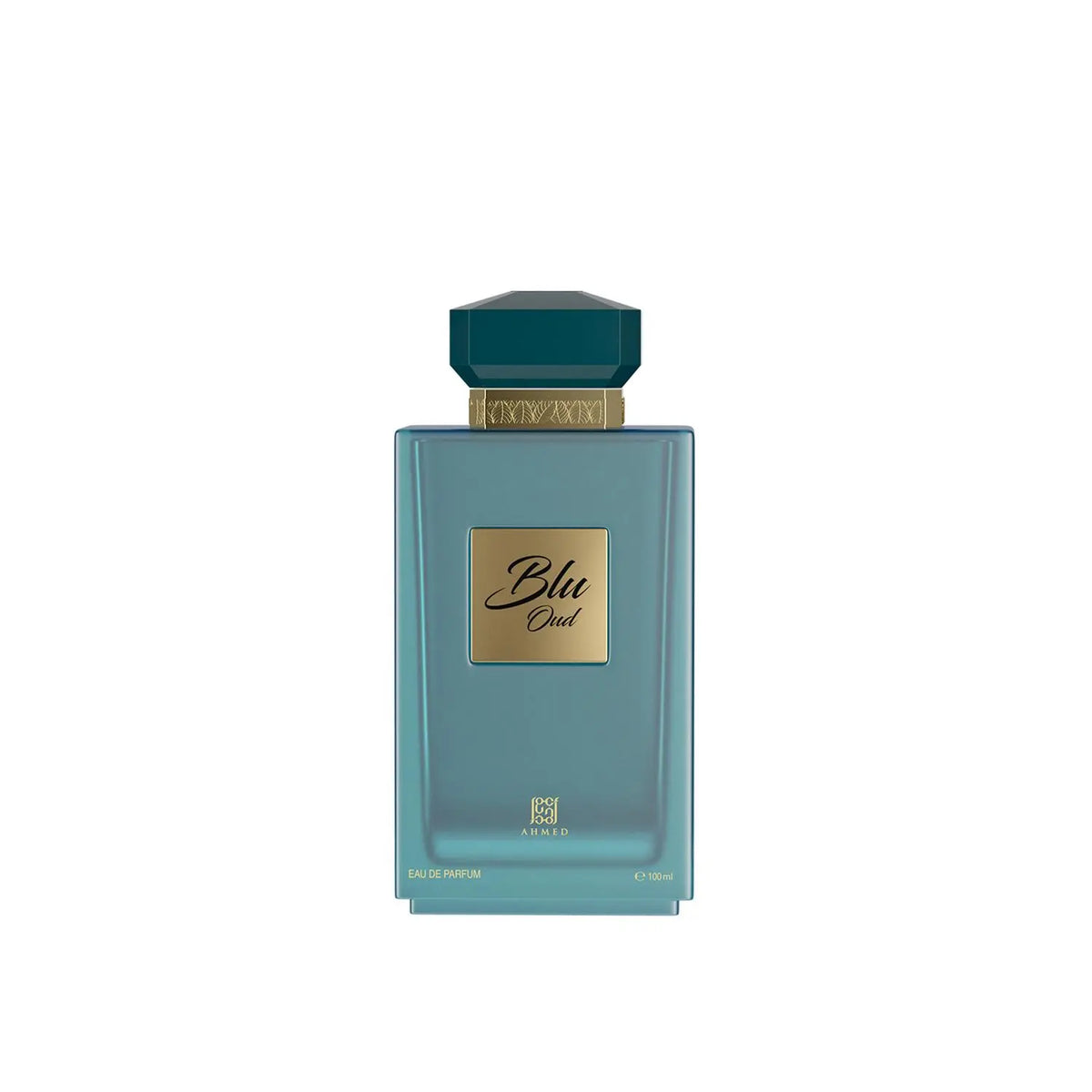 Teal perfume bottle with gold label on a white background