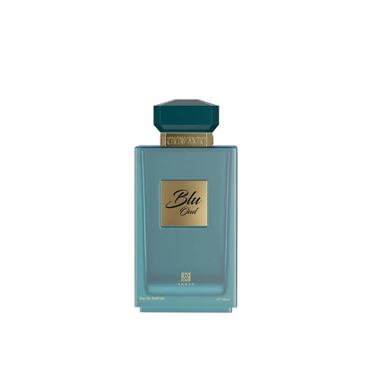 Teal perfume bottle with gold label on a white background