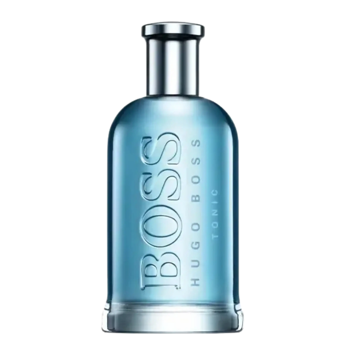 Hugo Boss Tonic BOSS cologne bottle in a translucent light blue glass with a metallic silver cap, shown on a solid white background.