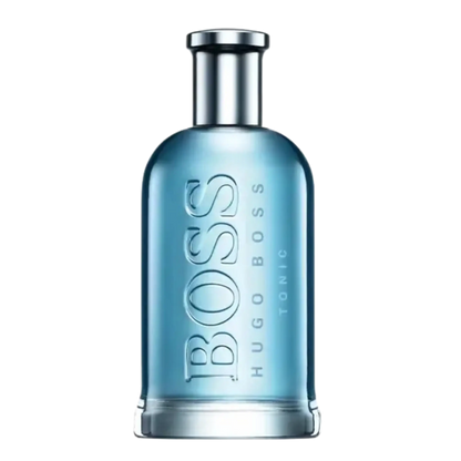 Hugo Boss Tonic BOSS cologne bottle in a translucent light blue glass with a metallic silver cap, shown on a solid white background.