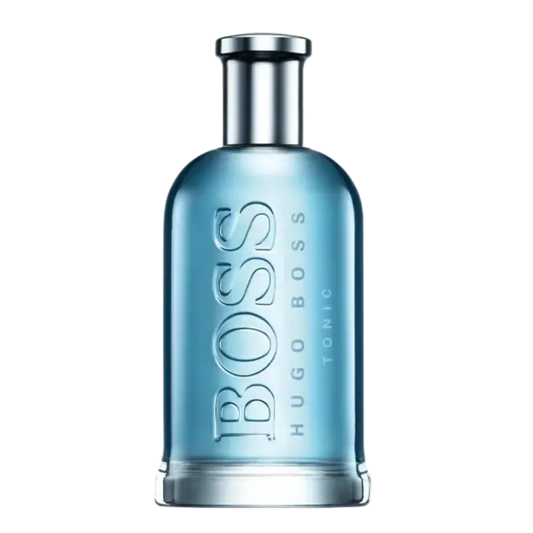 Hugo Boss Tonic BOSS cologne bottle in a translucent light blue glass with a metallic silver cap, shown on a solid white background.