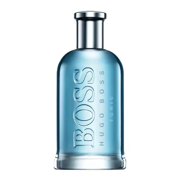 Hugo Boss Tonic Eau de Toilette bottle in a translucent light blue glass with a metallic silver cap, shown on a solid white background.