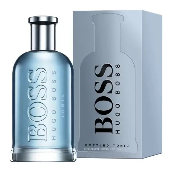Hugo Boss Bottled Tonic Eau de Toilette bottle in light blue glass next to its silver-gray packaging box, featuring the Hugo Boss logo.