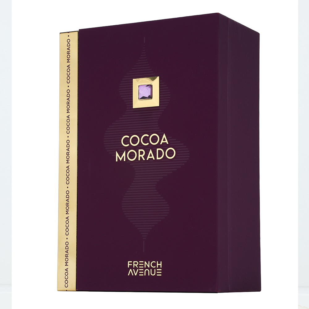 Cocoa Morado product packaging with gold accents on a white background