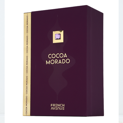 Cocoa Morado product packaging with gold accents on a white background