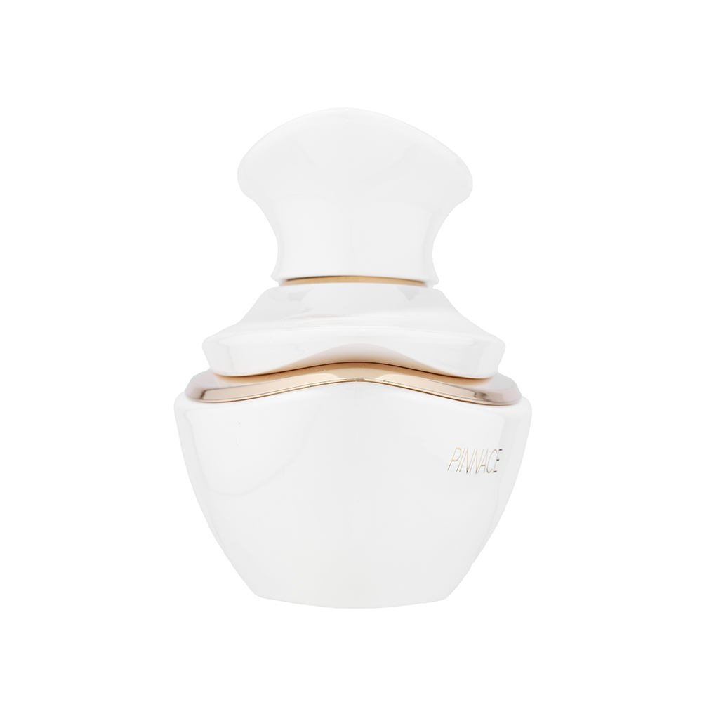 White and gold perfume bottle on a white background