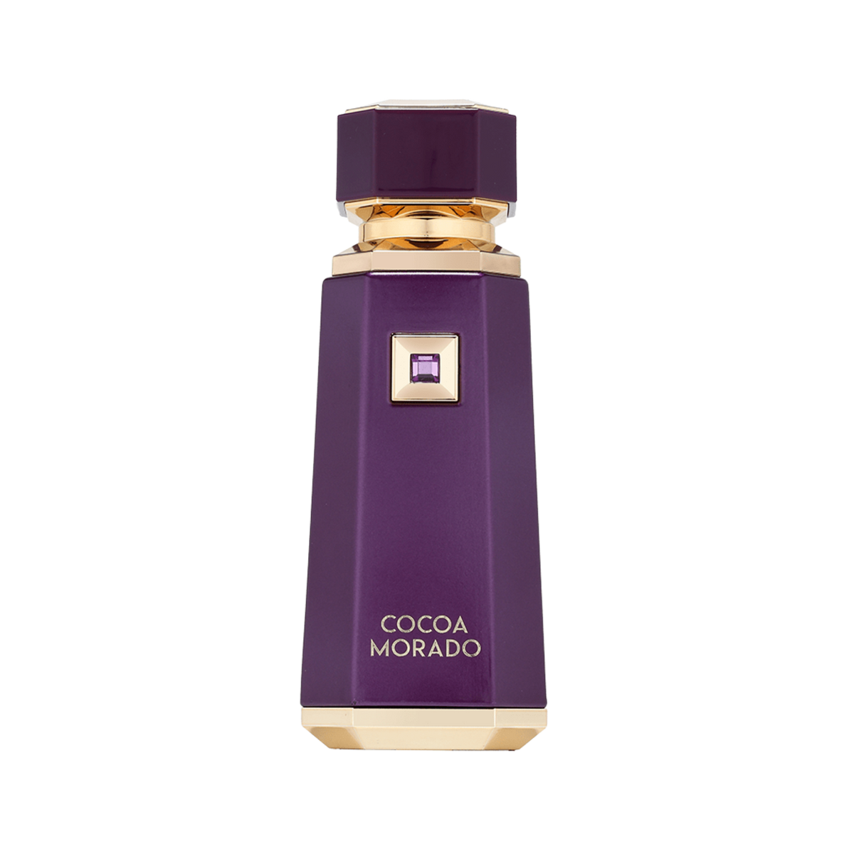 A faceted purple bottle of Cocoa Morado perfume with gold trim and a small purple crystal accent, centered on a plain white background.