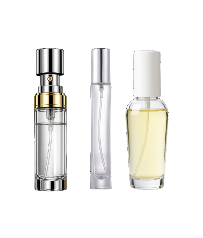 Three perfume bottles of different designs on a white background