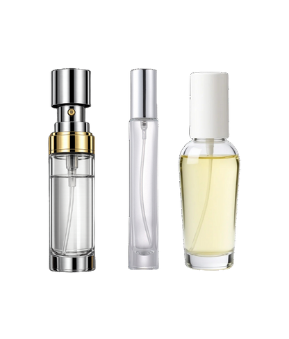 Three perfume bottles of different designs on a white background