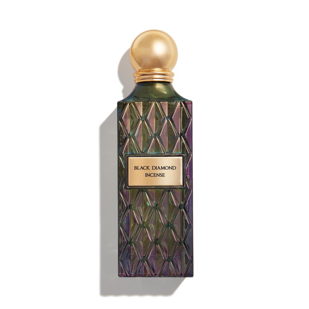 Ibraq Black Diamond Incense perfume 150ml bottle with green and purple diamond-pattern glass and gold cap, unisex Arabic perfume at Elmeira India
