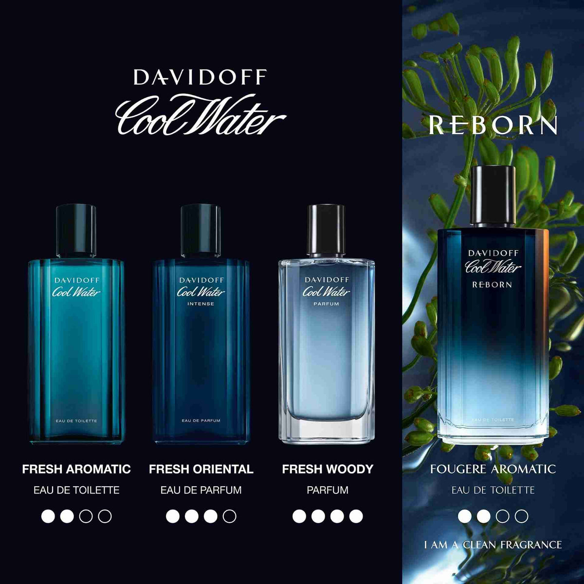 Davidoff Cool Water perfume bottles with different scents on a black background.