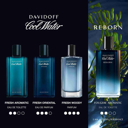 Davidoff Cool Water perfume bottles with different scents on a black background.
