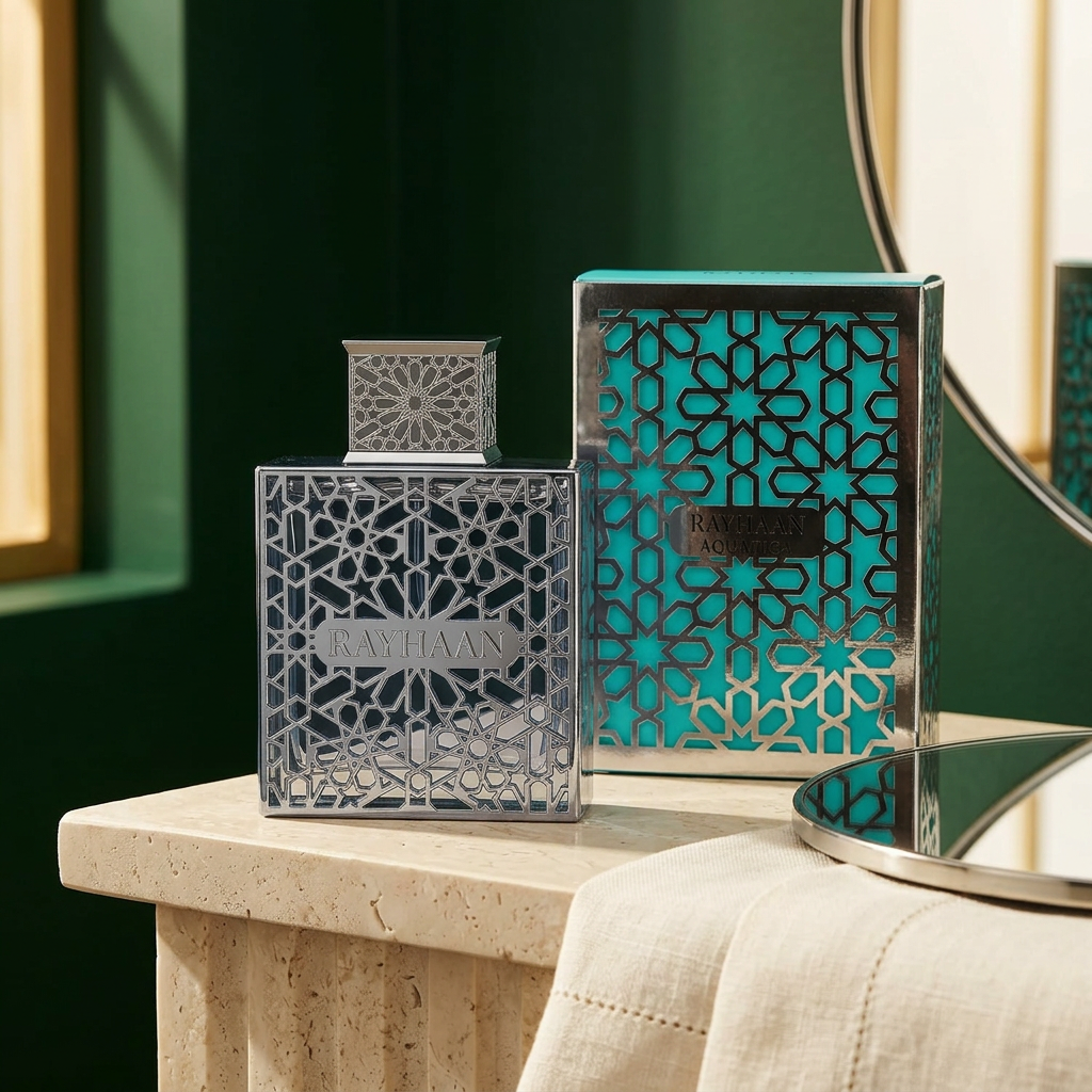 Rayhaan Aquatica perfume bottle and turquoise patterned retail box on an ivory console beside a mirror.