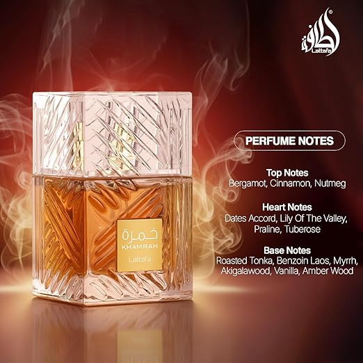 Perfume bottle with smoke effect and perfume notes on a dark background