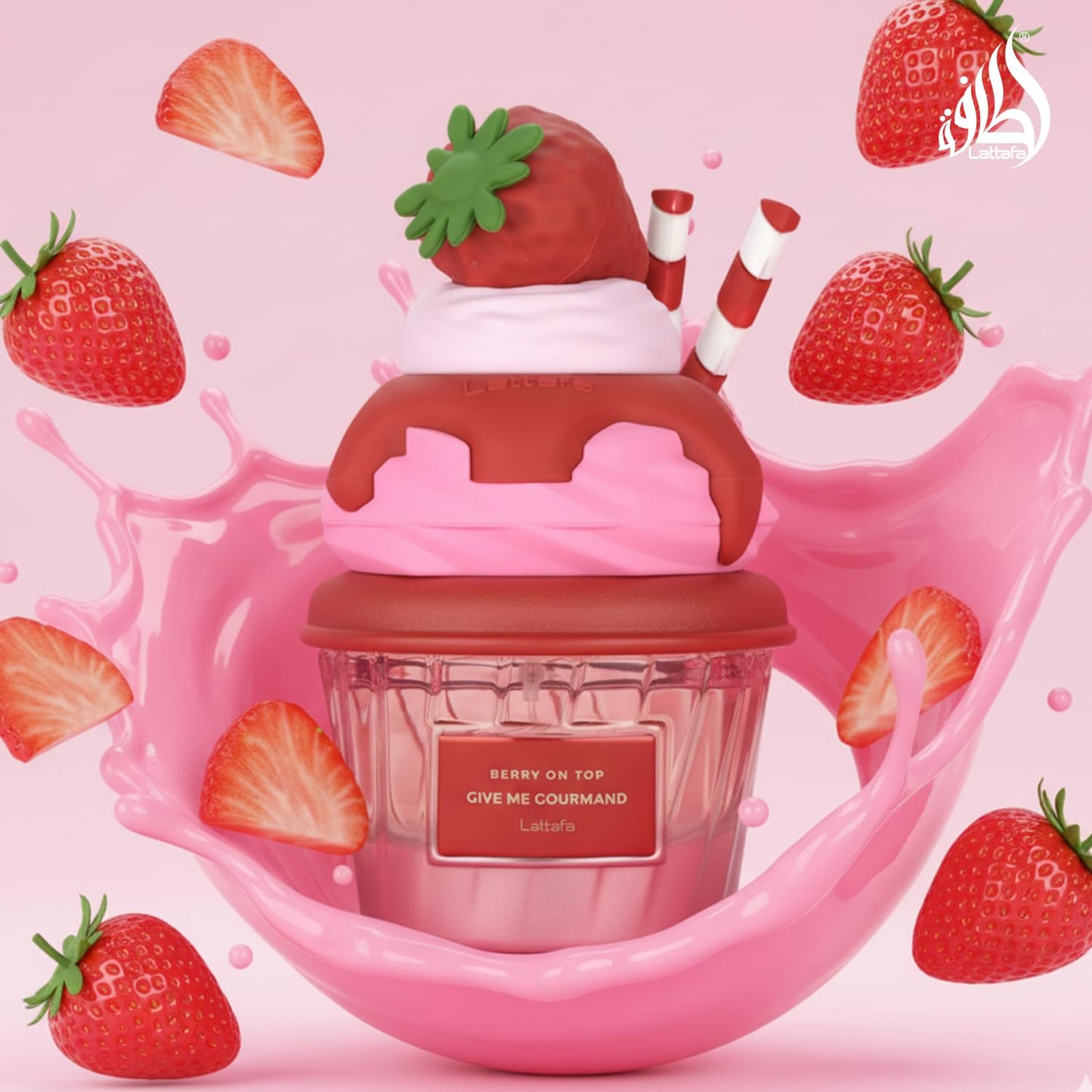 Lattafa Berry On Top cupcake bottle 3D strawberry cap detail