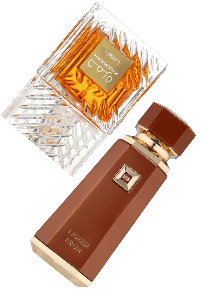 Lattafa Khamrah and French Avenue Liquid Brun perfume bottles