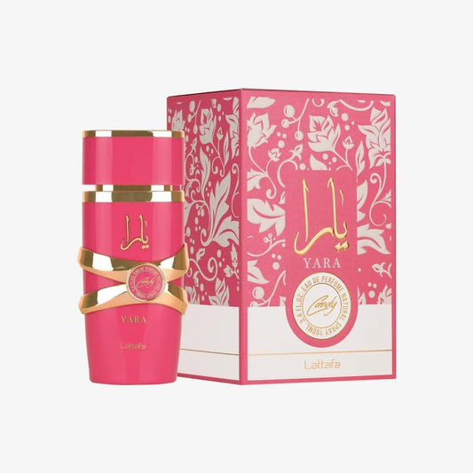 Lattafa Yara Candy 100ml Eau de Parfum bottle with retail box