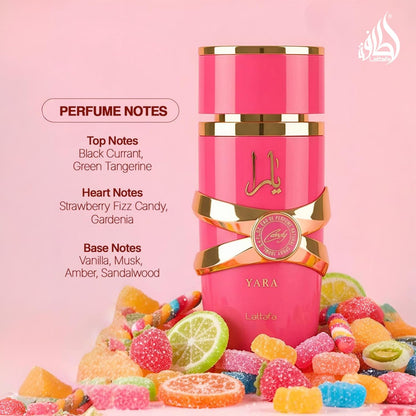Lattafa Yara Candy 100ml fragrance notes with black currant, green tangerine, strawberry candy, gardenia, vanilla, musk, amber and sandalwood