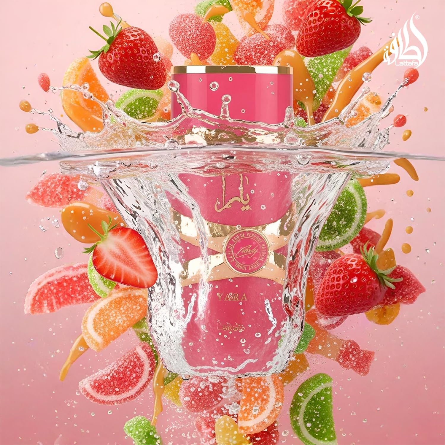 Lattafa Yara Candy 100ml perfume with strawberry candy and citrus-inspired styling