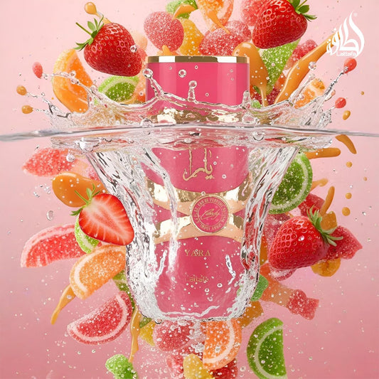 Lattafa Yara Candy 100ml perfume with strawberry candy and citrus-inspired styling