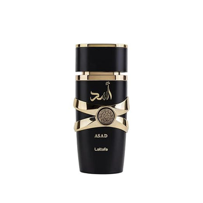 Lattafa Asad EDP 100ml black perfume bottle for men, long-lasting spicy tobacco vanilla fragrance