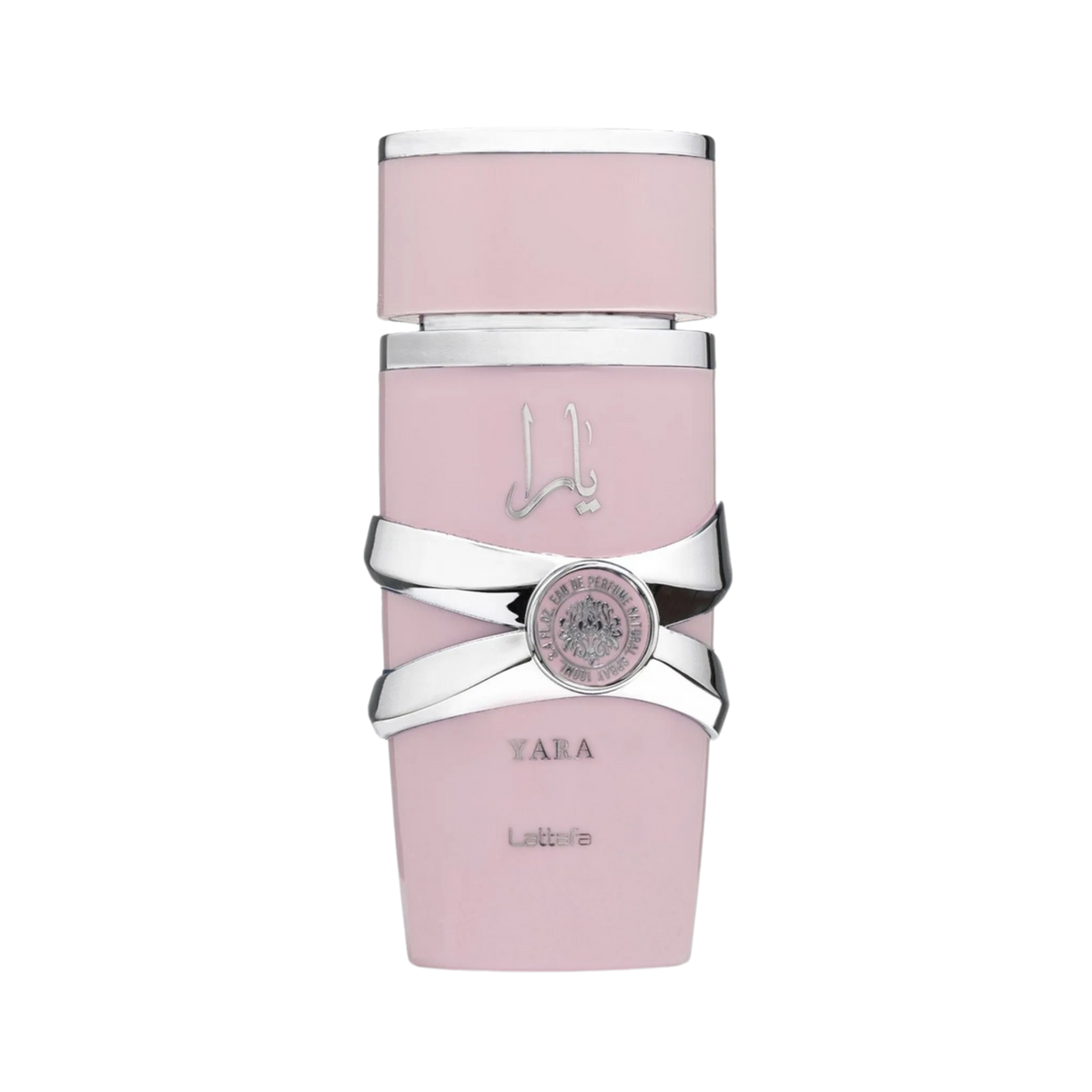 A pink perfume bottle with silver metallic accents and a decorative silver bow around the middle, shown on a plain white background.