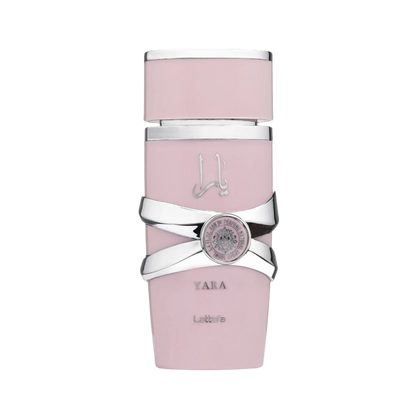 A pink perfume bottle with silver metallic accents and a decorative silver bow around the middle, shown on a plain white background.