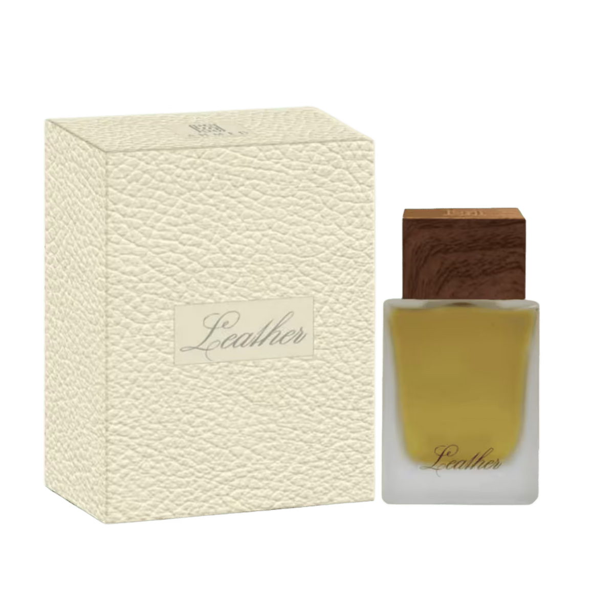 A perfume bottle labeled 'Leather' next to its textured cream-colored packaging box, on a plain white background.